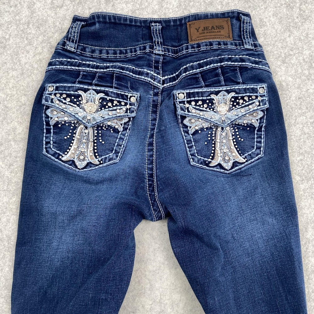 Y JEANS LOS ANGELES Flare Jeans Womens 29 (25x27) Blue Rhinestone *FRAYED*